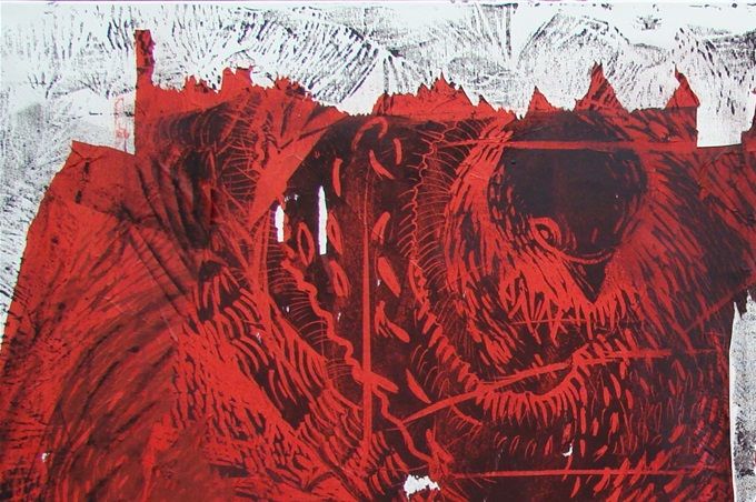 La Galerie de portraits de pigeons - Linogravure papier de soie rouge et sur toile- 65 cm x 100 cm - Prix 250€
